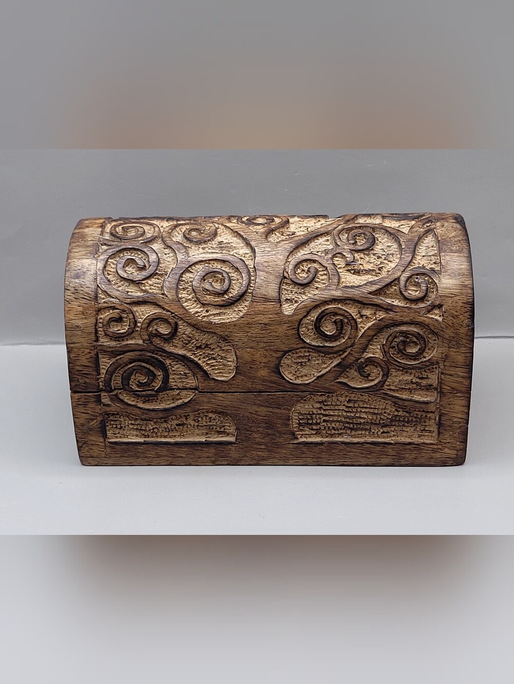 Vintage Hand Carved Wood Trinket Box Dome Top Celtic Spiral Jewelry Chest 6"